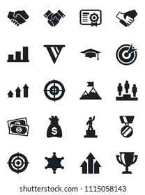 Set of vector isolated black icon - pedestal vector, medal, graduate, money bag, cash, bar graph, target, handshake, police, arrow up, motivation, pennon, certificate, award cup