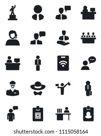 Set of vector isolated black icon - dispatcher vector, manager, speaking man, pedestal, place, doctor, support, client, speaker, identity card, desk, meeting, estate agent, dress code, pass