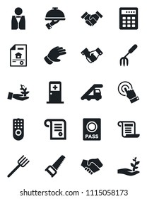 Set of vector isolated black icon - passport vector, ladder car, medical room, handshake, garden fork, farm, glove, saw, touch screen, estate document, waiter, remote control, combination lock