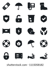 Set of vector isolated black icon - fence vector, umbrella, trash bin, safe, lock, boot, patch, heart shield, hand, protect, estate insurance, intercom, home, palm sprout, crisis management
