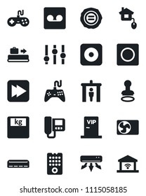 Set of vector isolated black icon - baggage conveyor vector, security gate, stamp, scales, gamepad, settings, fast forward, rec button, record, air conditioner, vip zone, home control, remote