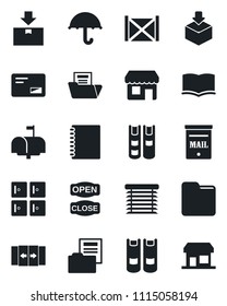 Set of vector isolated black icon - automatic door vector, checkroom, book, container, umbrella, package, mail, folder, copybook, document, mailbox, open close, jalousie, storefront