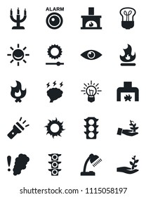 Set of vector isolated black icon - brainstorm vector, fire, sun, eye, traffic light, torch, brightness, desk lamp, fireplace, candle, smoke detector, bulb, alarm led, palm sprout, idea
