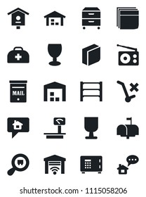 Set of vector isolated black icon - safe vector, bird house, doctor case, fragile, no trolley, heavy scales, search cargo, rack, radio, blank box, archive, mailbox, warehouse, garage gate control