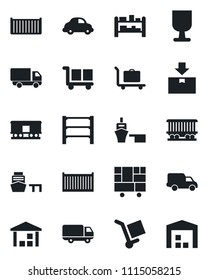 Set of vector isolated black icon - baggage trolley vector, railroad, cargo container, car delivery, sea port, consolidated, fragile, warehouse, package, rack