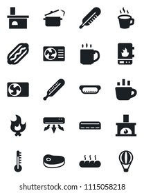 Set of vector isolated black icon - coffee vector, fire, fireplace, thermometer, air conditioner, bread, steak, hot dog, steaming pan, water heater, balloon