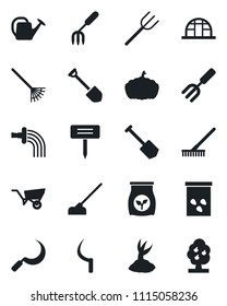 Set of vector isolated black icon - job vector, garden fork, farm, rake, watering can, wheelbarrow, sprout, hoe, sickle, plant label, pumpkin, greenhouse, seeds, fertilizer, fruit tree