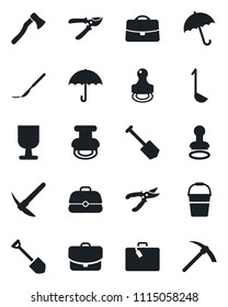 Set of vector isolated black icon - suitcase vector, umbrella, stamp, job, bucket, pruner, axe, scalpel, fragile, case, ladle, hard work