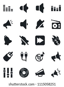 Set of vector isolated black icon - vinyl vector, flame disk, radio, speaker, loudspeaker, settings, equalizer, fast forward, rca, bell, mute, music, sound, advertising