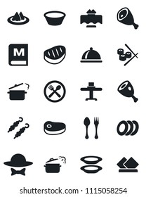 Set of vector isolated black icon - spoon and fork vector, dish, restaurant table, serviette, cafe, menu, plates, dress code, steak, kebab, ham, bowl, steaming pan, sushi