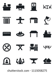 Set of vector isolated black icon - cafe vector, reception, flight table, medical room, desk, manager place, picnic, lamp, meeting, restaurant, serviette, reserved