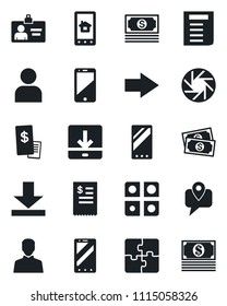 Set of vector isolated black icon - right arrow vector, mobile phone, identity card, document, cash, tracking, cell, camera, user, download, application, restaurant receipt, home control app