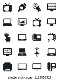 Set of vector isolated black icon - plane radar vector, notebook pc, monitor pulse, tv, touch screen, laptop, hdmi, statistics, intercom