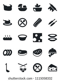 Set of vector isolated black icon - spoon and fork vector, cafe, salad, plates, bacon, waiter, bread, chicken, steak, ladle, bowl, rolling pin, sushi, cheese