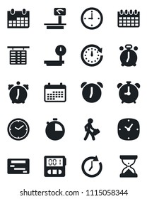 Set of vector isolated black icon - alarm clock vector, flight table, calendar, heavy scales, stopwatch, manager, schedule, sand