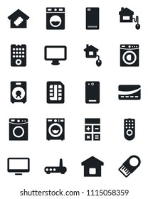 Set of vector isolated black icon - calculator vector, monitor, speaker, phone back, sim, washer, smart home, credit card, control, remote, router, usb flash