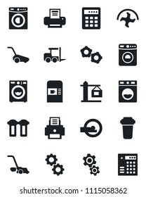 Set of vector isolated black icon - coffee machine vector, washer, fork loader, gear, ripper, lawn mower, tomography, printer, crane, water filter, combination lock