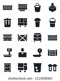 Set of vector isolated black icon - trash bin vector, bucket, railroad, truck trailer, cargo container, consolidated, package, heavy scales, archive box, water filter