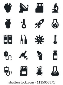 Set of vector isolated black icon - satellite antenna vector, book, dropper, microscope, ampoule, real heart, joint, virus, sd, thermometer, rocket, flask