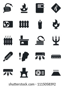 Set of vector isolated black icon - fire vector, hose, fireplace, thermometer, heater, air conditioner, candle, water, smoke detector, radiator, warm floor