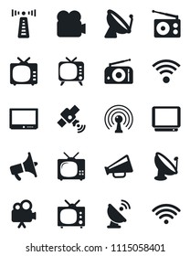 Set of vector isolated black icon - antenna vector, satellite, radio, loudspeaker, tv, video camera, wireless