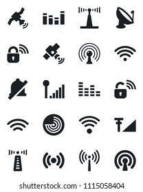 Set of vector isolated black icon - antenna vector, radar, satellite, equalizer, wireless, mute, cellular signal, lock