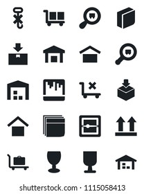 Set of vector isolated black icon - baggage trolley vector, fragile, cargo, warehouse storage, up side sign, no, hook, package, search, scanner, blank box