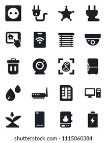 Set of vector isolated black icon - phone back vector, sim, socket, power plug, fingerprint, irrigation, water heater, router, web camera, pc, home control app, jalousie, police, trash bin, fridge