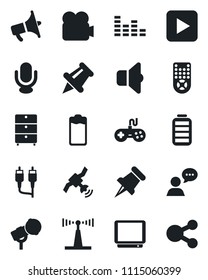 Set of vector isolated black icon - archive chest vector, microphone, antenna, satellite, loudspeaker, gamepad, equalizer, tv, video camera, remote control, speaker, paper pin, battery, play button