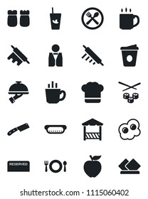 Set of vector isolated black icon - coffee vector, waiter, cafe, cook hat, reserved, phyto bar, salt and pepper, alcove, hot dog, rolling pin, knife, sushi, omelette, apple fruit, serviette
