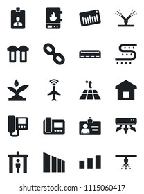 Set of vector isolated black icon - plane radar vector, security gate, identity card, drip irrigation, sorting, barcode, chain, air conditioner, smart home, water heater, intercom, filter