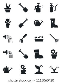 Set of vector isolated black icon - job vector, flower in pot, garden fork, shovel, rake, seedling, watering can, sprout, boot, sprayer, irrigation