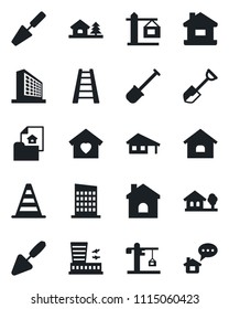 Set of vector isolated black icon - border cone vector, airport building, office, trowel, shovel, ladder, house, with garage, tree, estate document, sweet home, city, crane, message