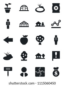 Set of vector isolated black icon - left arrow vector, manager, seedling, plant label, greenhouse, pond, fertilizer, important flag, application, point graph, house with tree, fruit, estate agent