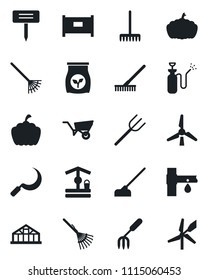 Set of vector isolated black icon - fence vector, garden fork, farm, rake, wheelbarrow, well, hoe, sickle, plant label, pumpkin, greenhouse, sprayer, fertilizer, drip irrigation, windmill