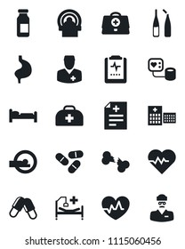 Set of vector isolated black icon - bed vector, heart pulse, doctor case, diagnosis, blood pressure, pills, ampoule, tomography, hospital, stomach, broken bone, clipboard