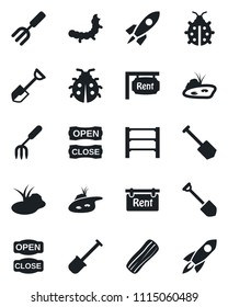 Set of vector isolated black icon - job vector, garden fork, shovel, lady bug, caterpillar, pond, rack, rent, bacon, open close, rocket