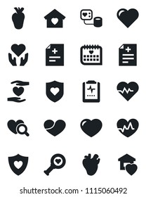 Set of vector isolated black icon - heart vector, pulse, diagnosis, blood pressure, diagnostic, shield, hand, real, medical calendar, clipboard, sweet home