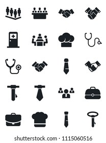 Set of vector isolated black icon - medical room vector, handshake, team, tie, stethoscope, meeting, cook hat, case