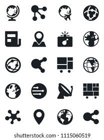 Set of vector isolated black icon - satellite antenna vector, bomb in case, globe, plane, earth, pin, consolidated cargo, network, share, news, social media