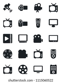 Set of vector isolated black icon - tv vector, reel, satellite, video camera, remote control, monitor