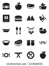 Set of vector isolated black icon - spoon and fork vector, picnic table, cafe, menu, salad, salt pepper, steak, hamburger, bowl, sushi, apple fruit