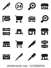 Set of vector isolated black icon - 24 around vector, shop, pen, store, search cargo, sale, cafe building, open close, cart, storefront
