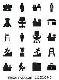 Set of vector isolated black icon - manager vector, desk, place, ladder, folder, career, cook, office chair, case
