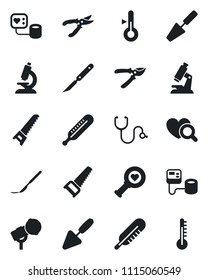Set of vector isolated black icon - trowel vector, pruner, saw, stethoscope, blood pressure, thermometer, heart diagnostic, microscope, scalpel, microphone