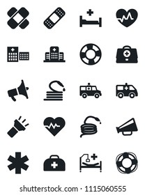 Set of vector isolated black icon - hose vector, heart pulse, doctor case, patch, ambulance star, car, hospital bed, loudspeaker, torch, crisis management
