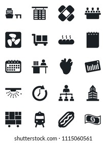 Set of vector isolated black icon - train vector, flight table, hierarchy, notepad, patch, real heart, sea port, consolidated cargo, barcode, office building, manager desk, meeting, bread, hot dog