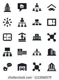 Set of vector isolated black icon - hierarchy vector, well, molecule, hospital, office building, garage, plan, home message