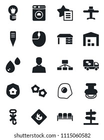 Set of vector isolated black icon - waiting area vector, washer, gear, mouse, desk, bulb, plant label, no hook, flammable, favorites list, user, stamp, warehouse, moving, estate insurance, omelette