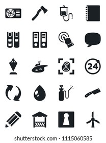 Set of vector isolated black icon - 24 around vector, female, pennant, office binder, pencil, water drop, axe, garden sprayer, dropper, touch screen, message, update, copybook, book, pond, alcove